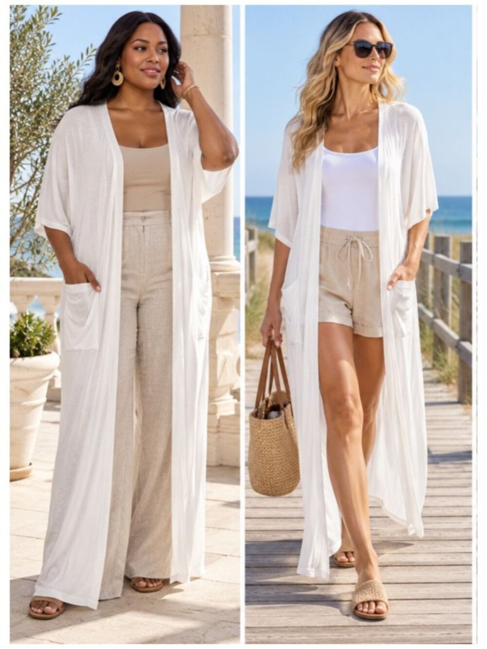 Ashley Stewart White Maxi Duster Cardigan 10/12 Open Front Short Sleeve Pockets